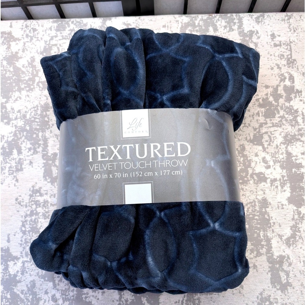 Life Comfort Navy Blue Textured Velvet‎ Touch Throw Blanket 60x70 Geometric NEW